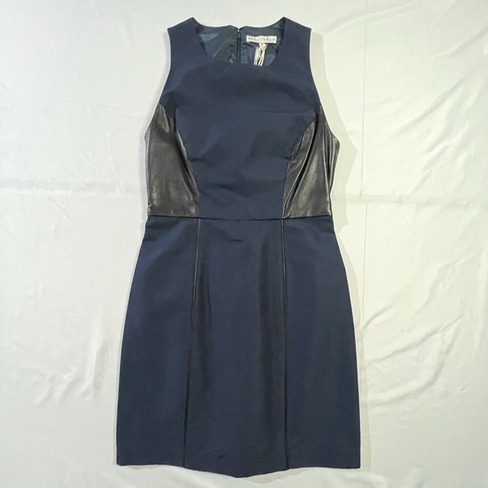 NWT Annie Griffin Collection Navy Casie Dress Size 4 Black Leather Panel Sheath‎